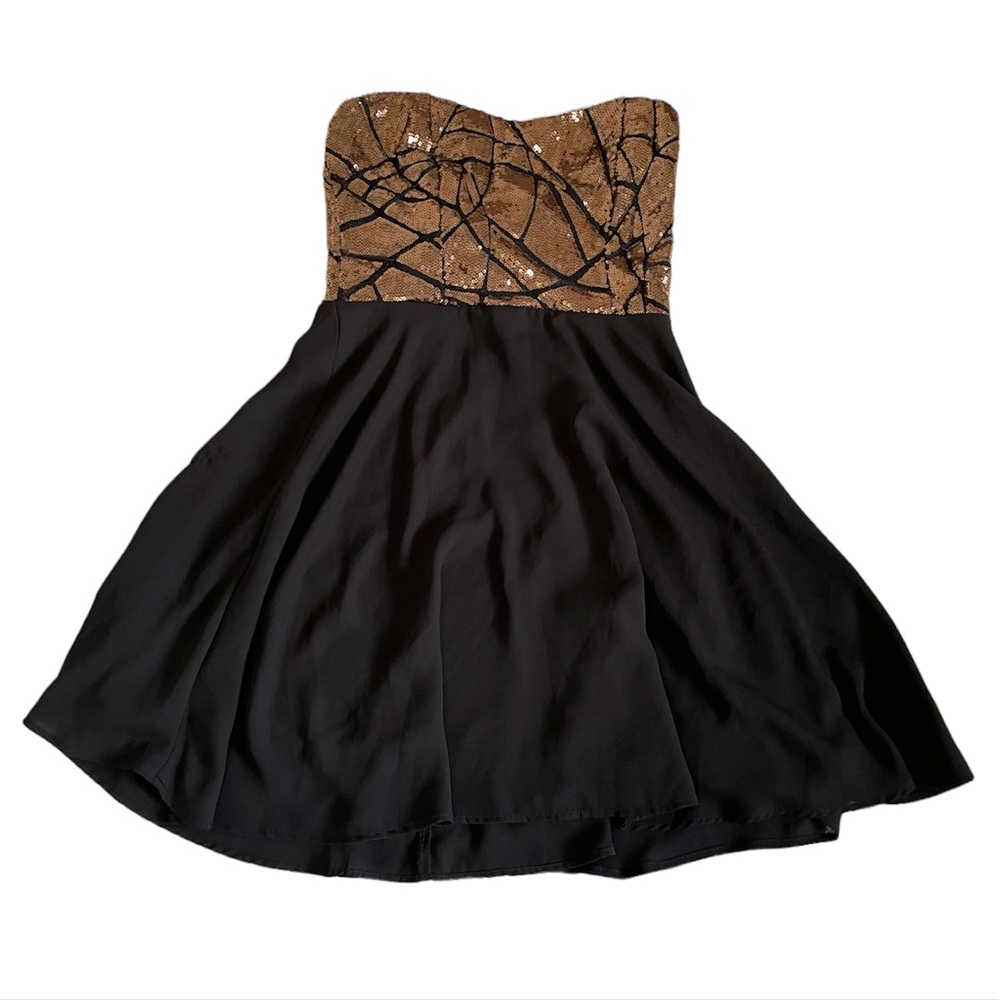 Strapless black and gold sequin mini dress